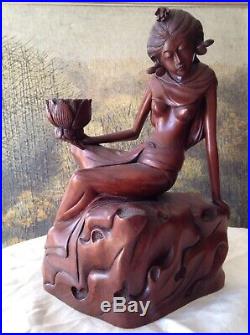SIGNED Hand-Carved Large Wood Sculpture Female with Lotus Flower Bali Indonesia