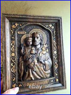 Saint Joseph WOOD CARVED CHRISTIAN ICON RELIGIOUS WALL HANGING ART WORK