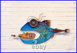 Sand Dollar Surf Fish, Driftwood Wall Art, Blue, White, Wood, Recycled Art