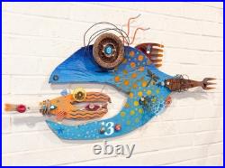 Sand Dollar Surf Fish, Driftwood Wall Art, Blue, White, Wood, Recycled Art