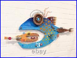 Sand Dollar Surf Fish, Driftwood Wall Art, Blue, White, Wood, Recycled Art