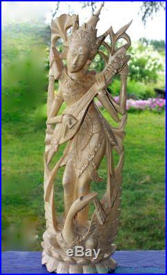 Saraswati Goddess Statue Art Knowledge Balinese Carved Wood Sculpture Art 25