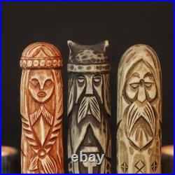 Scandinavian Gods Wooden Figurine Set 5 Hand Carved Decor, Odin, Freyja & Others