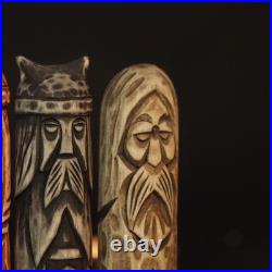 Scandinavian Gods Wooden Figurine Set 5 Hand Carved Decor, Odin, Freyja & Others
