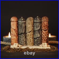 Scandinavian Gods Wooden Figurine Set 5 Hand Carved Decor, Odin, Freyja & Others