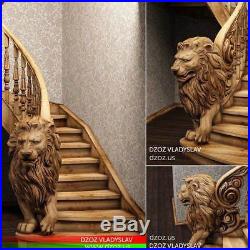 Sculpture lion for stairsCarved Wood 3D statue figure picture art furniture
