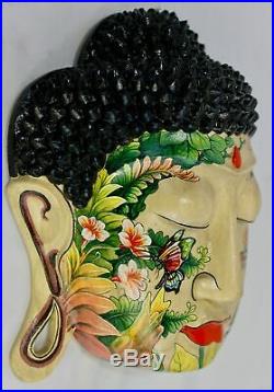 Serene Buddha Mask Wall Sculpture Hand Painted & Carved Wood Balinese art