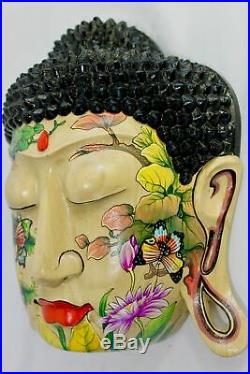Serene Buddha Mask Wall Sculpture Hand Painted & Carved Wood Balinese art