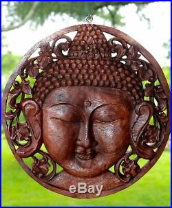 Serene Buddha Wall sculpture Round Panel Hand Carved Wood Balinese art