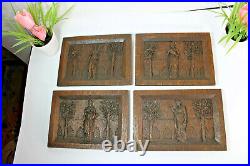 Set 4 antique wood carved seasons figurine plaques panel rare