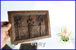 Set 4 antique wood carved seasons figurine plaques panel rare