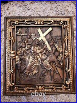 Set of 14 Stations of the Cross Way of Sorrows Wood religious carved Icons