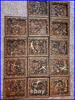 Set of 14 Stations of the Cross Way of Sorrows Wood religious carved Icons