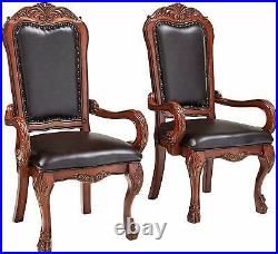 Set of 2 Brown Leather with Decorative Nailhead Trim Carving Dining Arm Chair