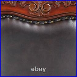 Set of 2 Brown Leather with Decorative Nailhead Trim Carving Dining Arm Chair