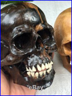 Set of 2 Hand Carved Mini Wood Skull Sculpture Human Skull Realistic Pair Couple