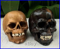Set of 2 Hand Carved Mini Wood Skull Sculpture Human Skull Realistic Pair Couple