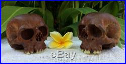 Set of 2 Hand Carved Sculpture Human Skull Realistic flexible Jaws Pair Couple