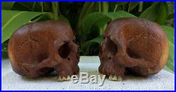 Set of 2 Hand Carved Sculpture Human Skull Realistic flexible Jaws Pair Couple