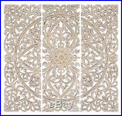 Set of 3 Carved Wood Wall Panels Antique White Floral Home Decor Wall Plaques