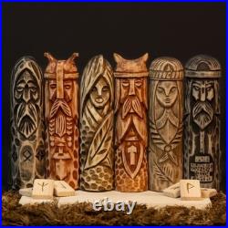 Set of 6 Wooden Scandinavian Gods Mythology Figurines for Altar & Decor