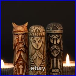 Set of 6 Wooden Scandinavian Gods Mythology Figurines for Altar & Decor