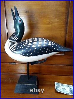 Signed 1994 John A. Nelson Wood Carved Singing Common Loon on Stand
