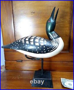 Signed 1994 John A. Nelson Wood Carved Singing Common Loon on Stand