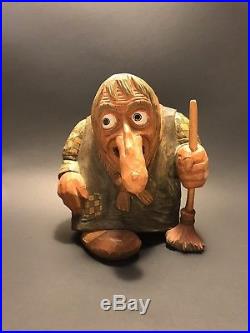 Signed ANTON SVEEN Carved Wood TROLL SCULPTURE Norway POLYCHROME PAINTED 1960s