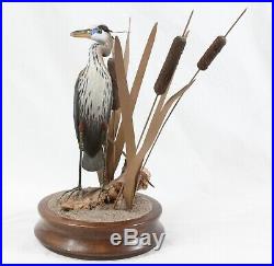 Signed GLM Vintage Great Blue Heron Wood Carving Painted Sculpture Cattail Bird