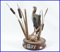 Signed GLM Vintage Great Blue Heron Wood Carving Painted Sculpture Cattail Bird