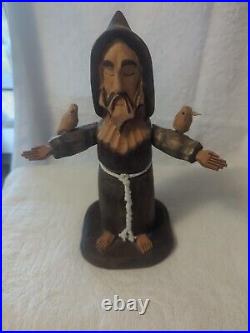 Signed Pete Ortega Folk Art Wood Wooden Sculpture Jesus with Birds As Pictured