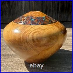 Signed Spalted Maple Hand Turned Wood Bowl Vessel Turquoise Copper Inlay Artisan