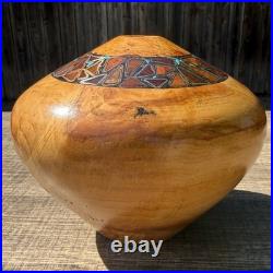 Signed Spalted Maple Hand Turned Wood Bowl Vessel Turquoise Copper Inlay Artisan