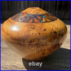 Signed Spalted Maple Hand Turned Wood Bowl Vessel Turquoise Copper Inlay Artisan