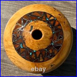 Signed Spalted Maple Hand Turned Wood Bowl Vessel Turquoise Copper Inlay Artisan