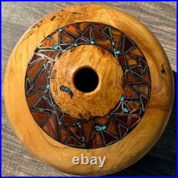 Signed Spalted Maple Hand Turned Wood Bowl Vessel Turquoise Copper Inlay Artisan