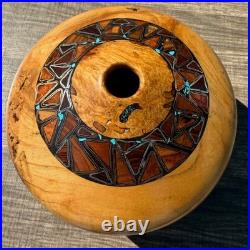 Signed Spalted Maple Hand Turned Wood Bowl Vessel Turquoise Copper Inlay Artisan