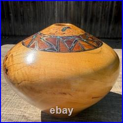 Signed Spalted Maple Hand Turned Wood Bowl Vessel Turquoise Copper Inlay Artisan