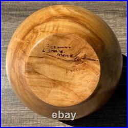 Signed Spalted Maple Hand Turned Wood Bowl Vessel Turquoise Copper Inlay Artisan