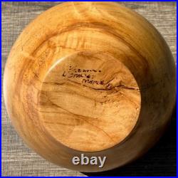 Signed Spalted Maple Hand Turned Wood Bowl Vessel Turquoise Copper Inlay Artisan