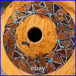 Signed Spalted Maple Hand Turned Wood Bowl Vessel Turquoise Copper Inlay Artisan