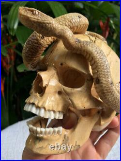 Skull Snake Wooden Skull Carving Skull out head Wood Bone Antler Carving Cobra