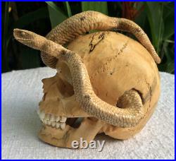 Skull Snake Wooden Skull Carving Skull out head Wood Bone Antler Carving Cobra