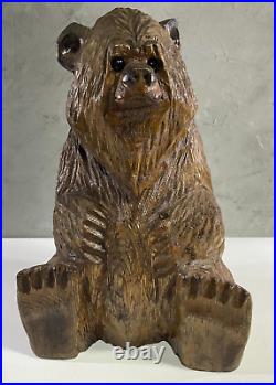 Solid Wood Chainsaw Carved Bear Sculpture with Glass Eyes Signed Rustic Cabin