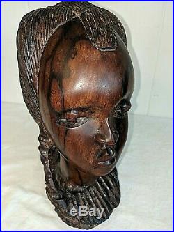 Solid Wood Hand Carved Tribal Girl Woman Bust Sculpture Ebony/Ironwood 10