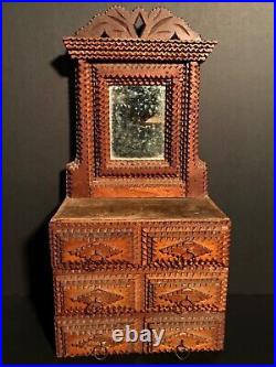 Spectacular Cigar Box Tramp Art 3-drawer Mirror Chest, Indiana, C1900, All Original