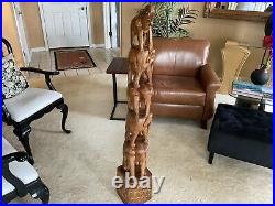 Spectacular Hand Carved 5 Elephant Totem In A Substantial 4 1/2 Ft. Presentation