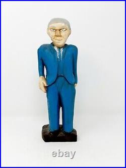 Stanley Rector Wood Carved Man Blue Suit Sculpture Signed Nova Scotia Folk Art