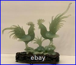 Superb Antique Chinese Carved Jade Fighting Roosters Sculpture on Wood Base